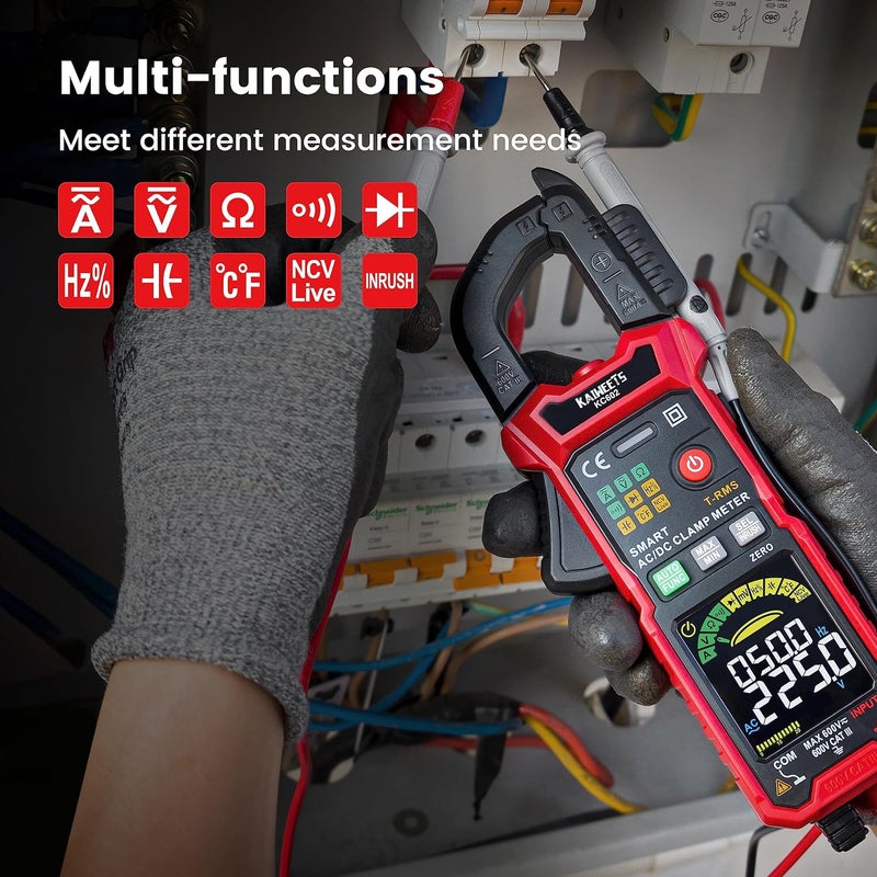 KAIWEETS Smart Digital Clamp Meter with D-Shaped Jaws, Clamp Multimeter with Inrush Current Function, Auto-ranging Amp Meter Built-in HD Color Screen, Measures AC/DC Current Voltage Temperature NCV - Image 3